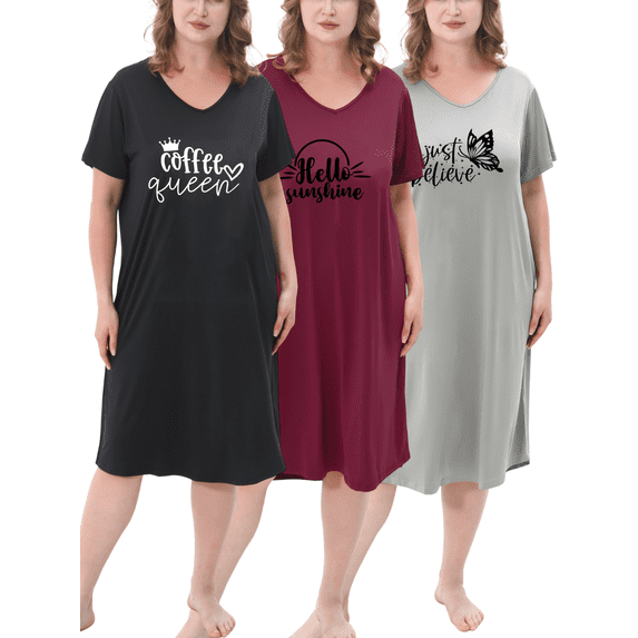 FEREMO 3 Pack Nightgowns for Women Plus Size V Neck Printed Sleepwear Loose Comfy Night Gown