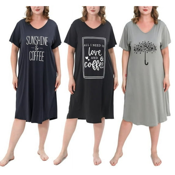 FEREMO 3 Pack Nightgowns for Women Plus Size V Neck Printed Sleepwear Loose Comfy Night Gown