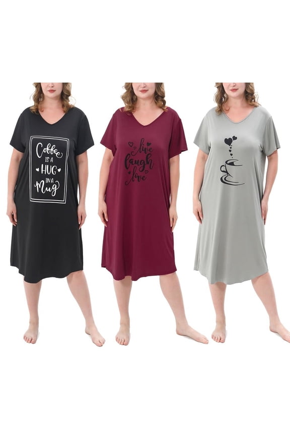 3 Pack Nightgowns for Women Plus Size V Neck Printed Sleepwear Loose Comfy Night Gown