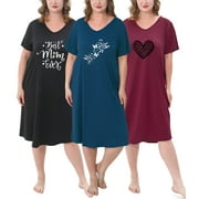 FEREMO 3 Pack Nightgowns for Women Plus Size V Neck Printed Sleepwear Loose Comfy Night Gown