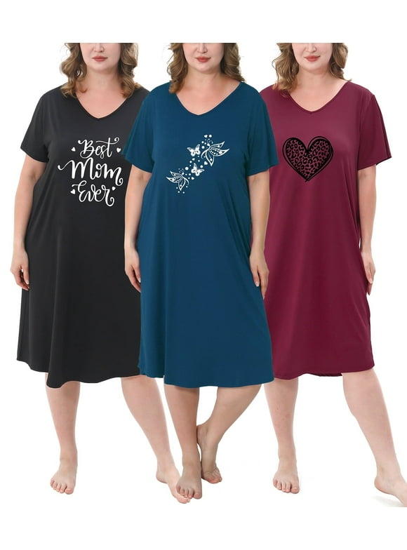 FEREMO 3 Pack Nightgowns for Women Plus Size V Neck Printed Sleepwear Loose Comfy Night Gown