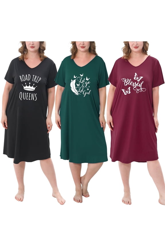 3 Pack Nightgowns for Women Plus Size V Neck Printed Sleepwear Loose Comfy Night Gown