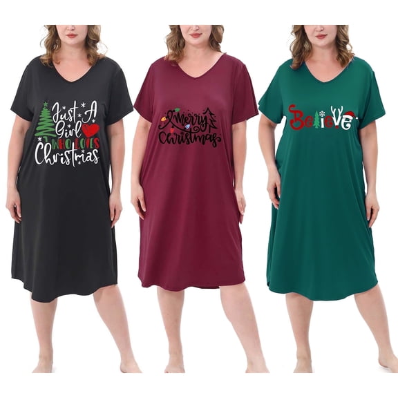 FEREMO 3 Pack Nightgowns for Women Plus Size V Neck Printed Sleepwear Loose Comfy Night Gown