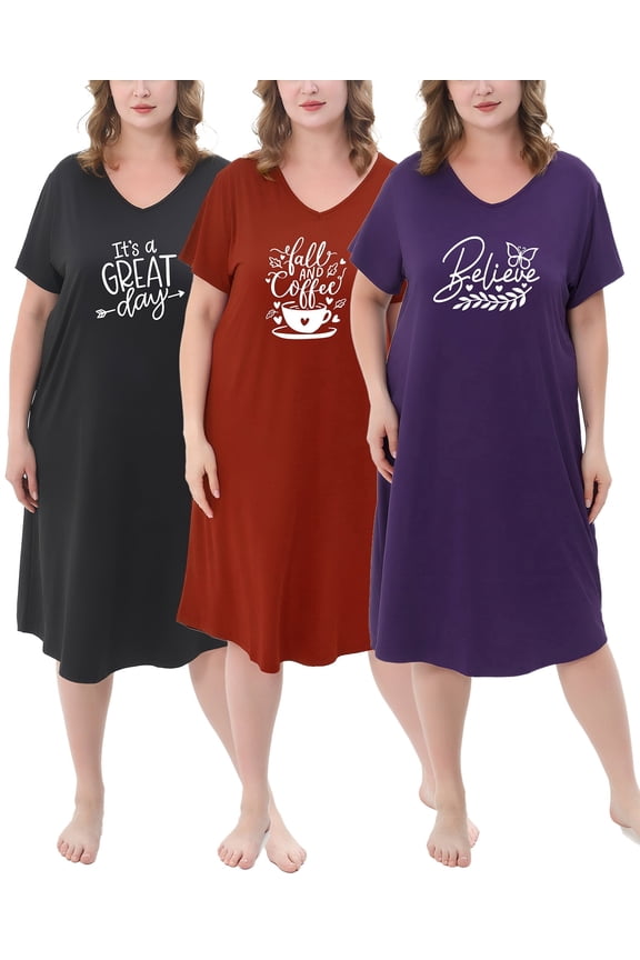 3 Pack Nightgowns for Women Plus Size V Neck Printed Sleepwear Loose Comfy Night Gown