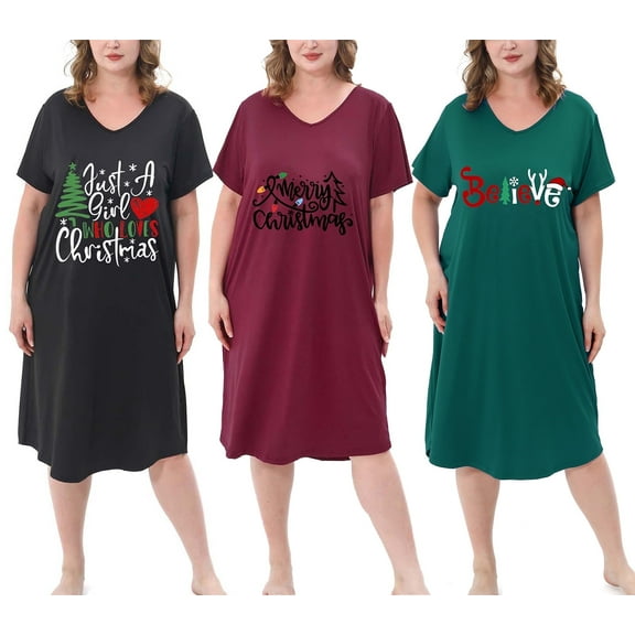 FEREMO 3 Pack Nightgowns for Women Plus Size V Neck Printed Sleepwear Loose Comfy Night Gown