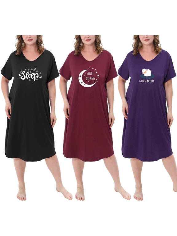 3 Pack Nightgowns for Women Plus Size V Neck Printed Sleepwear Loose Comfy Night Gown