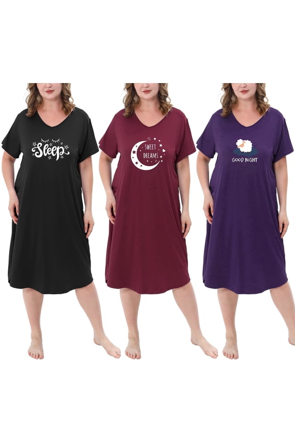 3 Pack Nightgowns for Women Plus Size V Neck Printed Sleepwear Loose Comfy Night Gown