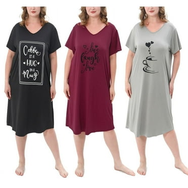FEREMO 3 Pack Nightgowns for Women Plus Size V Neck Printed Sleepwear Loose Comfy Night Gown