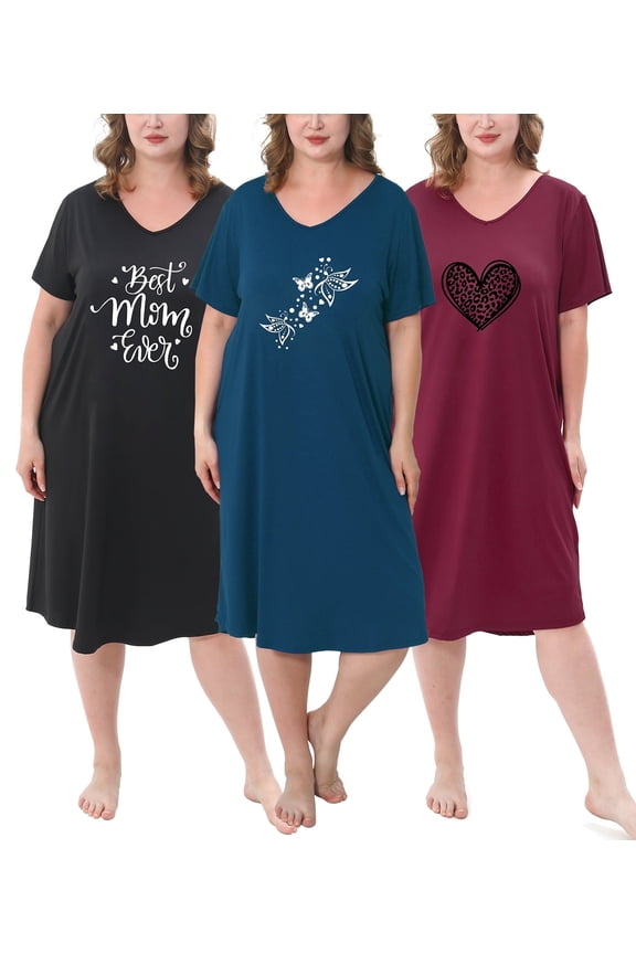 3 Pack Nightgowns for Women Plus Size V Neck Printed Sleepwear Loose Comfy Night Gown
