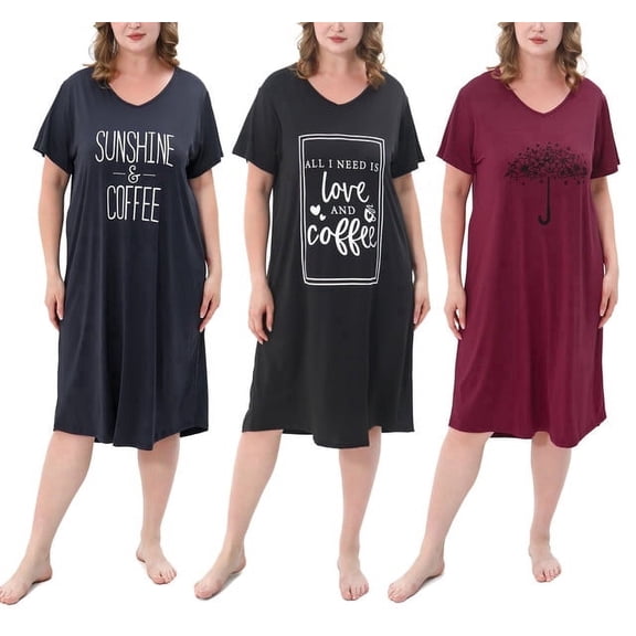 FEREMO 3 Pack Nightgowns for Women Plus Size V Neck Printed Sleepwear Loose Comfy Night Gown