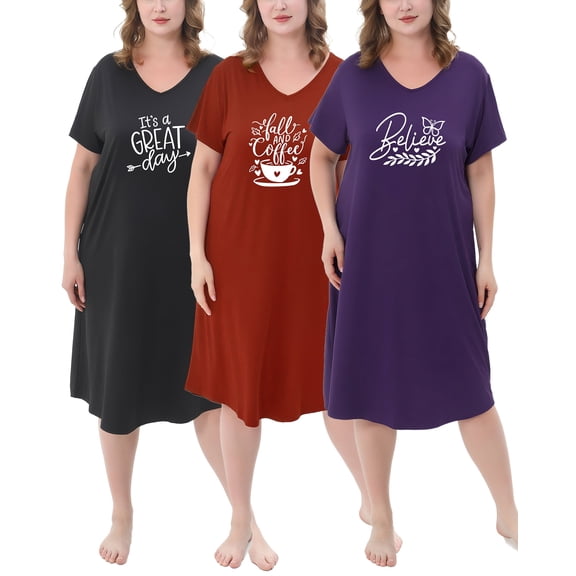FEREMO 3 Pack Nightgowns for Women Plus Size V Neck Printed Sleepwear Loose Comfy Night Gown