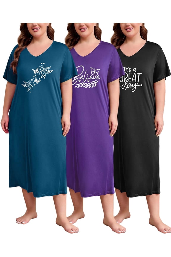3 Pack Nightgowns for Women Plus Size V Neck Printed Sleepwear Loose Comfy Night Gown