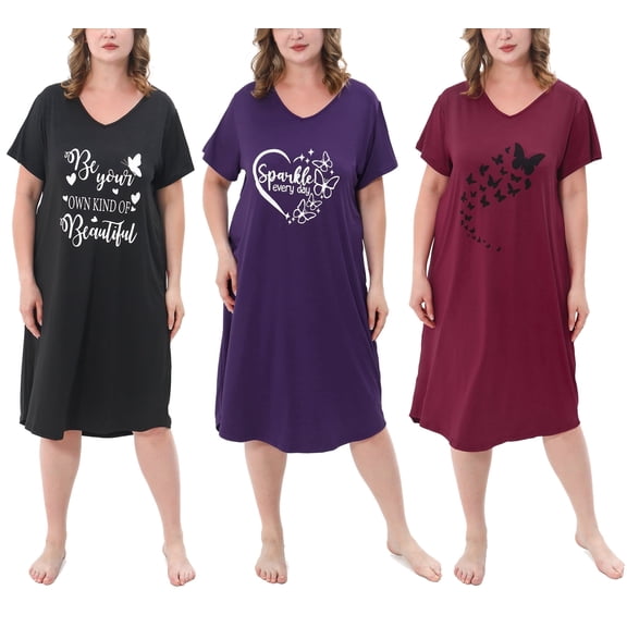FEREMO 3 Pack Nightgowns for Women Plus Size V Neck Printed Sleepwear Loose Comfy Night Gown