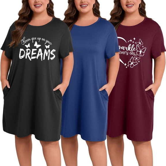 FEREMO 3 Pack Plus Size Nightgowns for Women Short Sleeve Sleepshirt Knee Length Sleepwear with Pockets