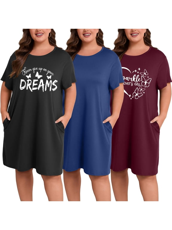 3 Pack Plus Size Nightgowns for Women Short Sleeve Sleepshirt Knee Length Sleepwear with Pockets