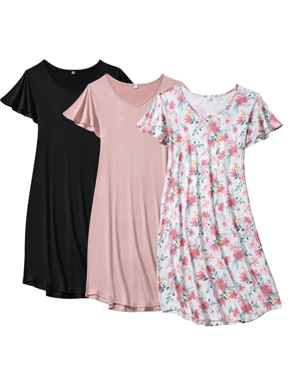 3 Pack Women Nightgowns V Neck Nightshirt Short Flared Sleeve Knee Length Sleepshirt Soft Sleepwear