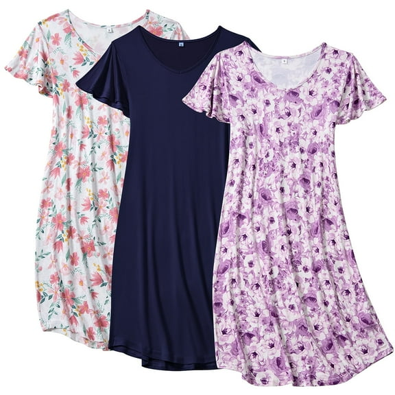 FEREMO 3 Pack Women Nightgowns V Neck Nightshirt Short Flared Sleeve Knee Length Sleepshirt Soft Sleepwear