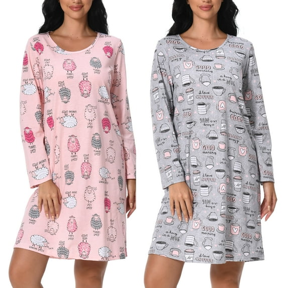 FEREMO Long Sleeve Nightgowns for Women Cotton Printed Sleepshirt Soft Loose House Dresses 2 Pack