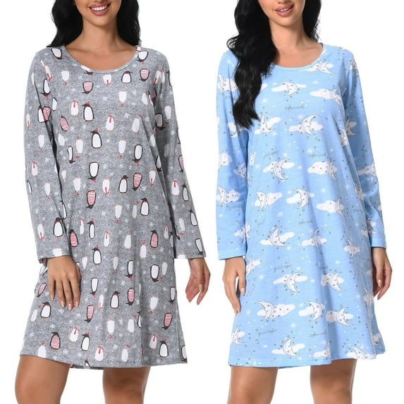 FEREMO Long Sleeve Nightgowns for Women Cotton Printed Sleepshirt Soft Loose House Dresses 2 Pack