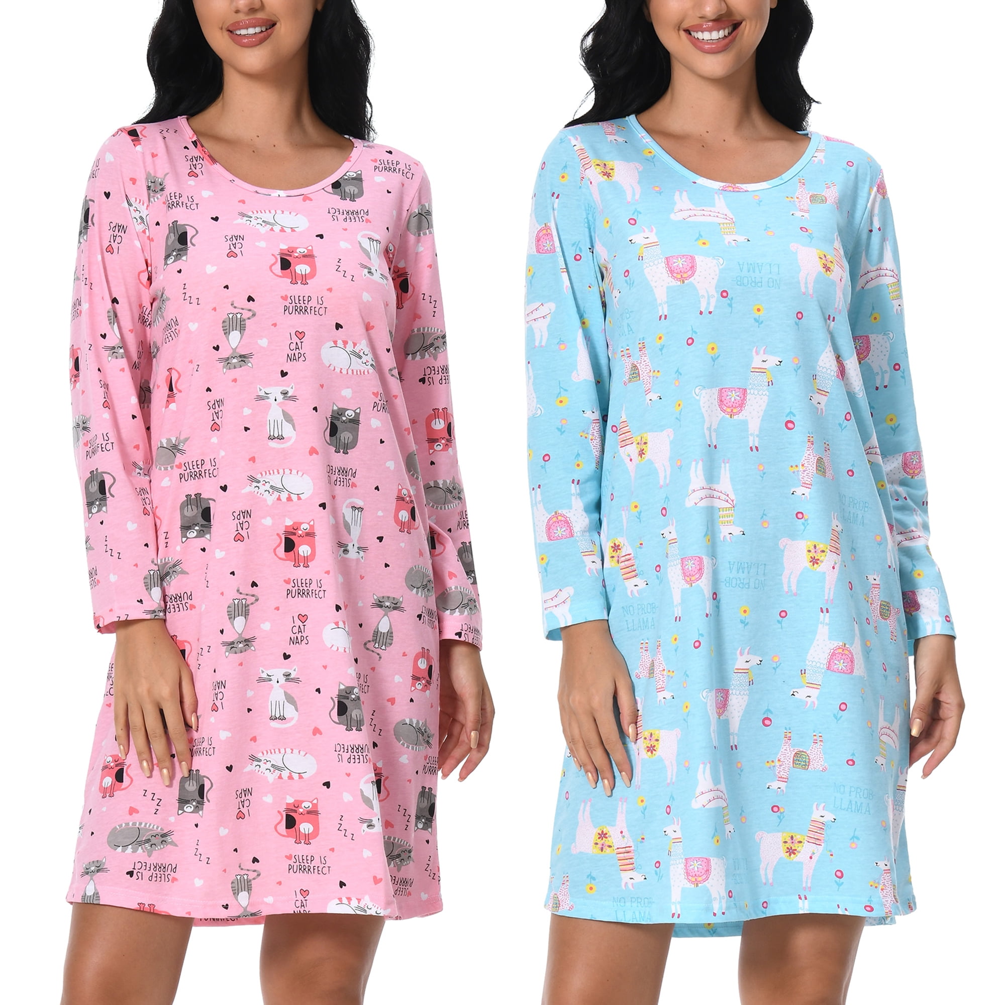 FEREMO Long Sleeve Nightgowns for Women Cotton Printed Sleepshirt Soft ...