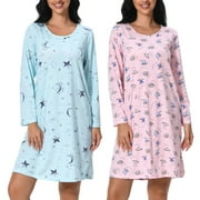 FEREMO Long Sleeve Nightgowns for Women Cotton Printed Sleepshirt Soft Loose House Dresses 2 Pack