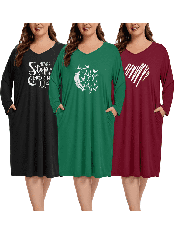 Long Sleeve Nightgowns for Women Plus Size Soft Loungewear with Pockets 3 Pack, Sizes XL-5XL