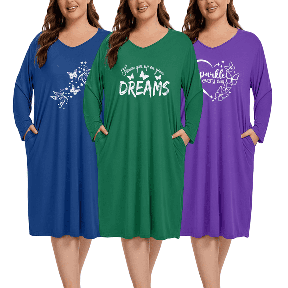FEREMO Long Sleeve Nightgowns for Women Plus Size Soft Loungewear with Pockets 3 Pack, Sizes XL-5XL