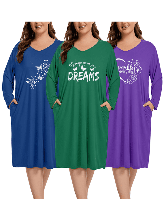 Long Sleeve Nightgowns for Women Plus Size Soft Loungewear with Pockets 3 Pack, Sizes XL-5XL
