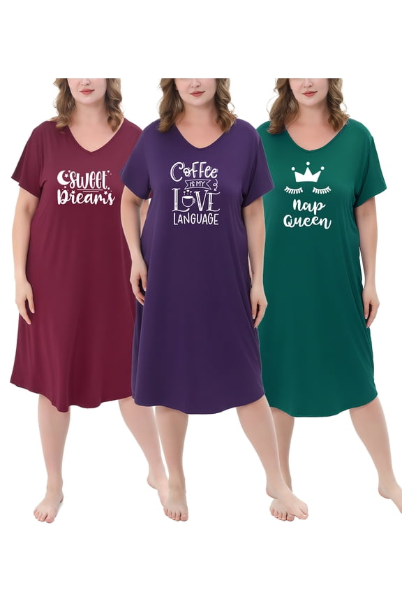 Nightgown for Women Plus Size Long Sleepwear Printed Comfy Sleep Shirts 3 Pack