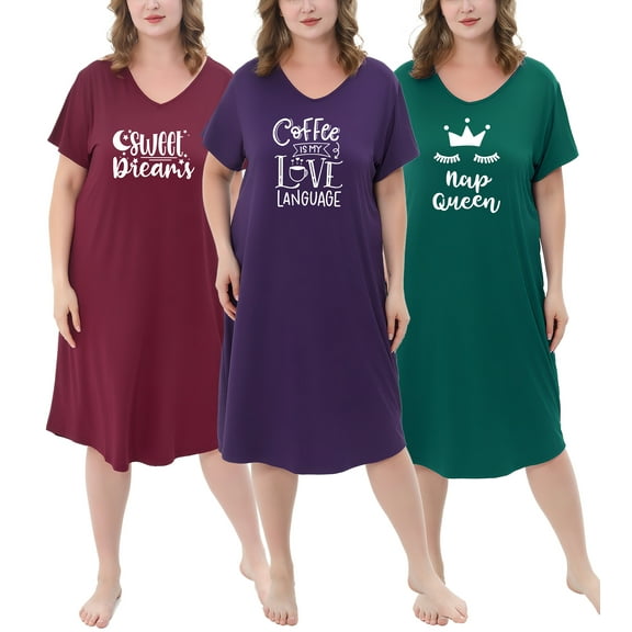 FEREMO Nightgown for Women Plus Size Long Sleepwear Printed Comfy Sleep Shirts 3 Pack