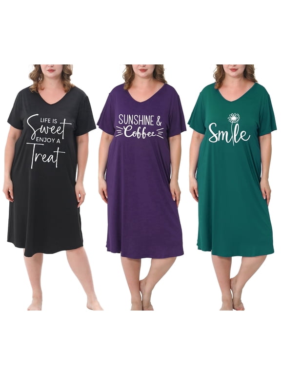 Nightgown for Women Plus Size Long Sleepwear Printed Comfy Sleep Shirts 3 Pack