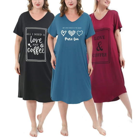 FEREMO Nightgown for Women Plus Size Long Sleepwear Printed Comfy Sleep Shirts 3 Pack