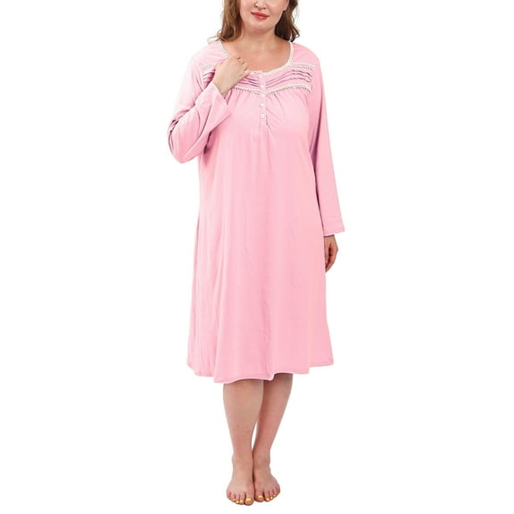 FEREMO Nightgowns for Women Plus Size 100% Cotton Long Sleeve Sleep Shirt Button Soft Slepwear