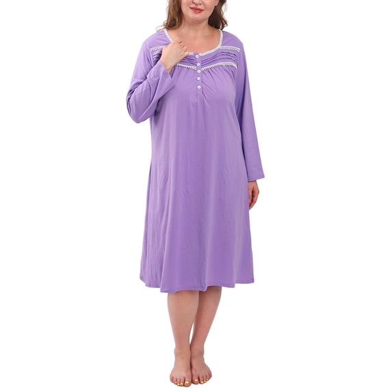 FEREMO Nightgowns for Women Plus Size 100% Cotton Long Sleeve Sleep Shirt Button Soft Slepwear