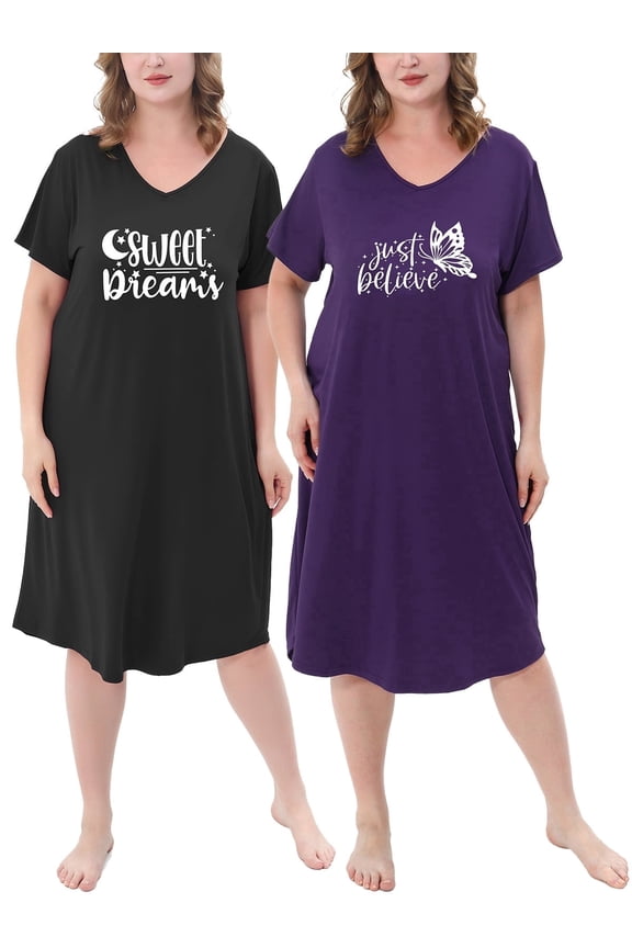 Nightgowns for Women Plus Size V Neck Print Soft Sleepwear 2 Pack