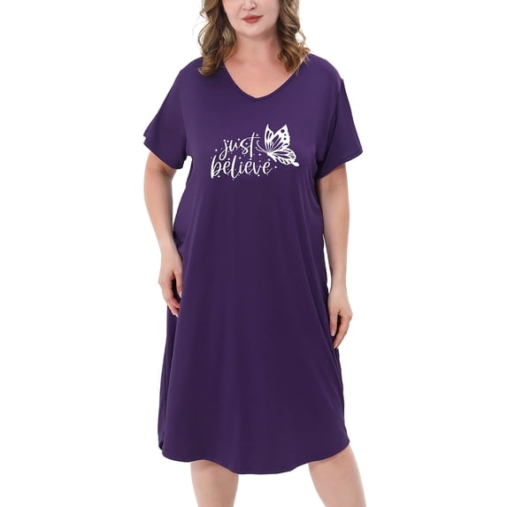 FEREMO Nightgowns for Women Plus Size V Neck Printed Sleepwear Loose Comfy Night Gown