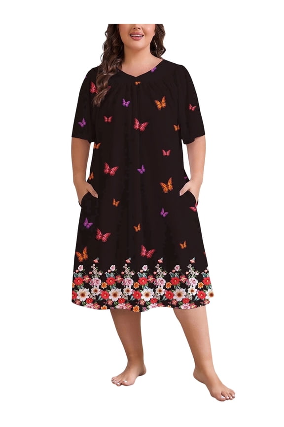 Womens Plus Size Nightgowns V Neck Short Sleeve Pleated Sleepwear Printed House Dress with Pockets