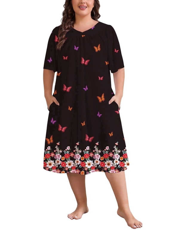 Womens Plus Size Nightgowns V Neck Short Sleeve Pleated Sleepwear Printed House Dress with Pockets