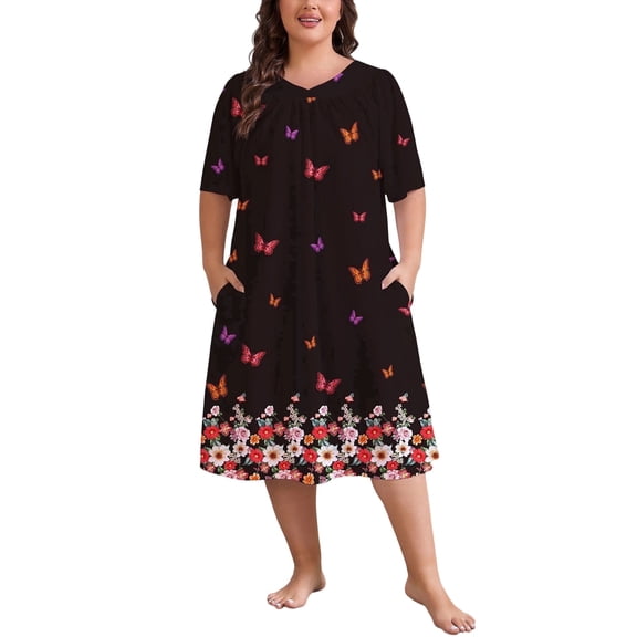 FEREMO Womens Plus Size Nightgowns V Neck Short Sleeve Pleated Sleepwear Printed House Dress with Pockets