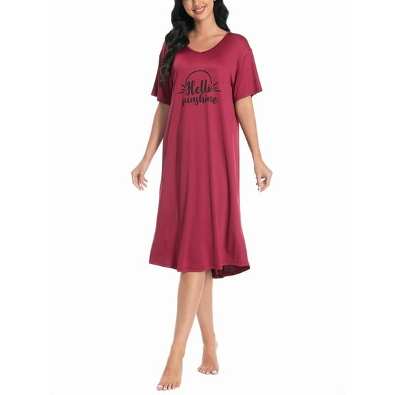 FEREMO Nightgowns for Women V Neck Short Sleeve Sleepshirt Printed Soft Sleepwear