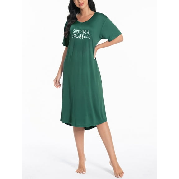 FEREMO Nightgowns for Women V Neck Short Sleeve Sleepshirt Printed Soft Sleepwear
