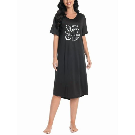 FEREMO Nightgowns for Women V Neck Short Sleeve Sleepshirt Printed Soft Sleepwear