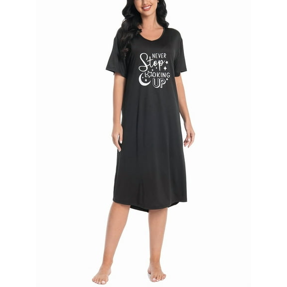FEREMO Nightgowns for Women V Neck Short Sleeve Sleepshirt Printed Soft Sleepwear