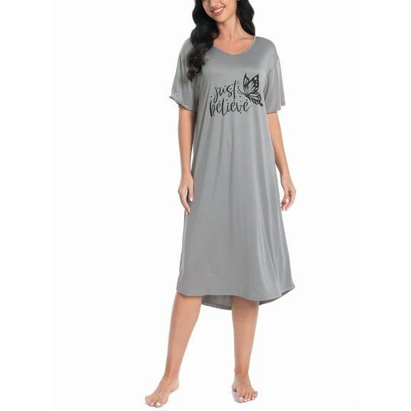 FEREMO Nightgowns for Women V Neck Short Sleeve Sleepshirt Printed Soft Sleepwear