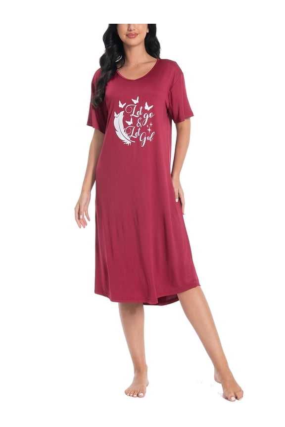 Nightgowns for Women V Neck Short Sleeve Sleepshirt Printed Soft Sleepwear