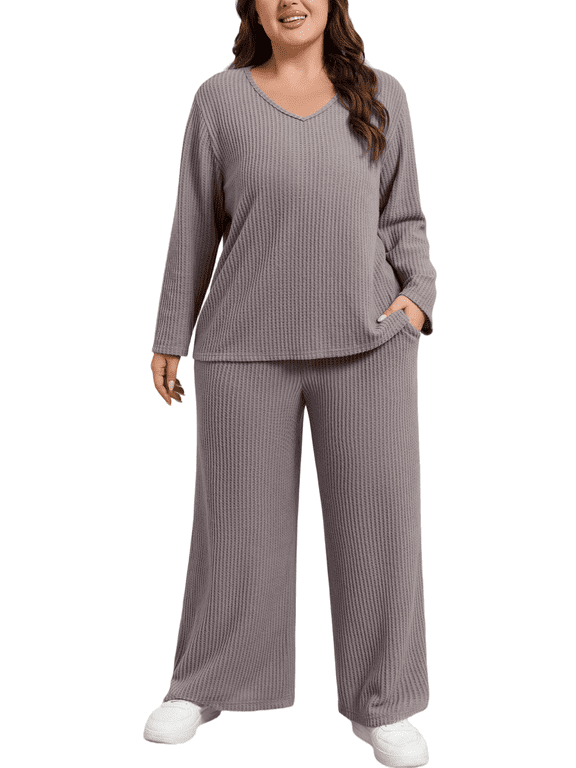 Plus Size Pajama Sets for Women Waffle Knit Lounge Sets Long Sleeve V Neck Top and Wide Leg Pants with Pockets Soft Cozy Sleepwear Loungewear
