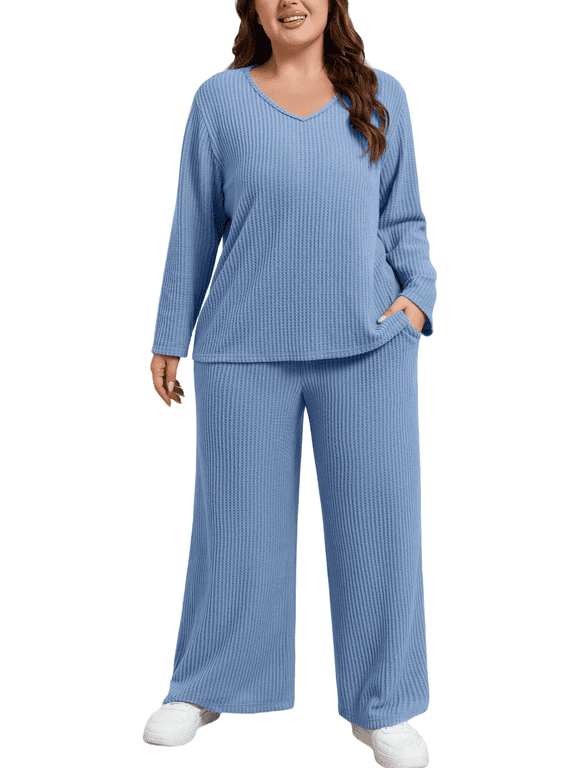 Plus Size Pajama Sets for Women Waffle Knit Lounge Sets Long Sleeve V Neck Top and Wide Leg Pants with Pockets Soft Cozy Sleepwear Loungewear