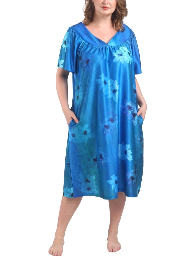 cotton patio dresses plus size AmeriMark Womens Muumuu House Patio Dress Ladies Flowy Short Sleeve Sun Dress Lounger Gown Sleepwear - Midnight