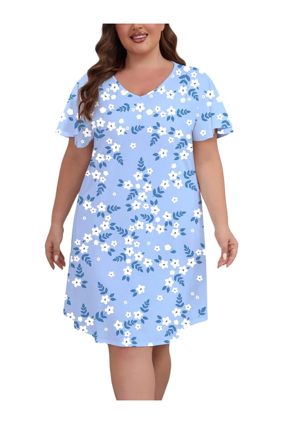 Plus Size Nightgowns for Women Floral Print Nightshirt V Neck Sleepshirt Short Sleeve Sleepwear