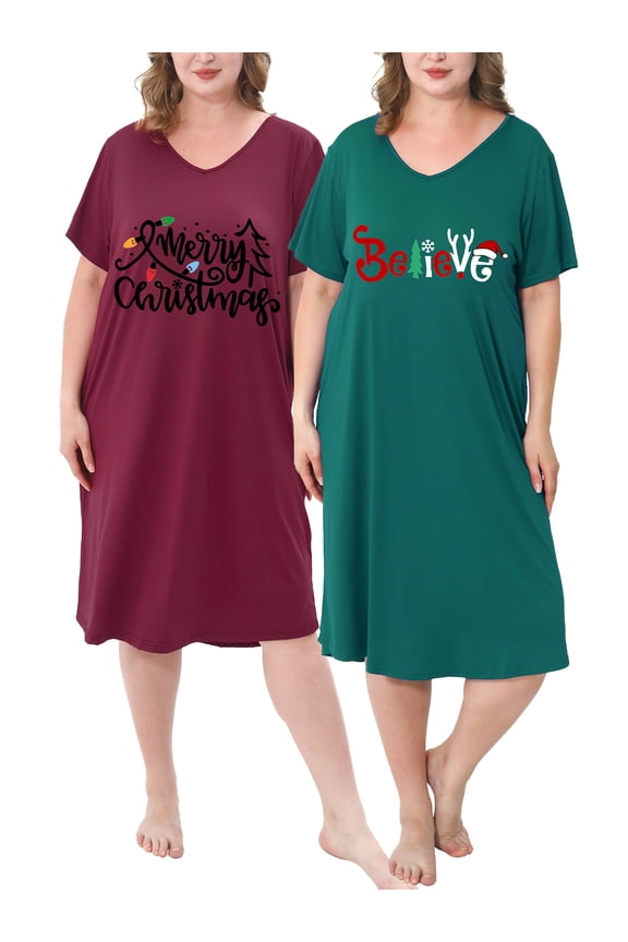 Plus Size Nightgowns for Women Short Sleeve Printed Sleepwear 2 Pack